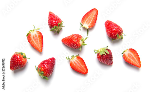 Ripe strawberries isolated on white background, berry pattern, top view