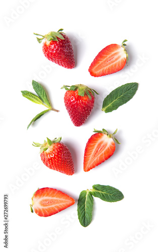 Ripe strawberries and mint leaves isolated on white background, top view