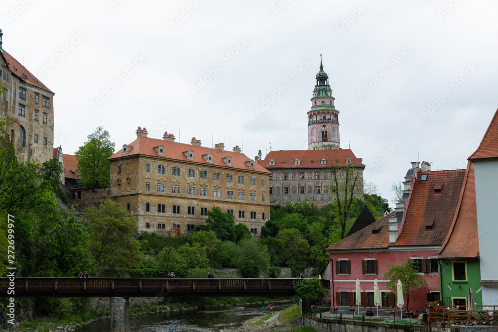 Panoramic landscape view of the historic city of Cesky Krumlov during day time with famous Cesky Krumlov Castle, Church city is on a UNESCO World Heritage Site captured during spring