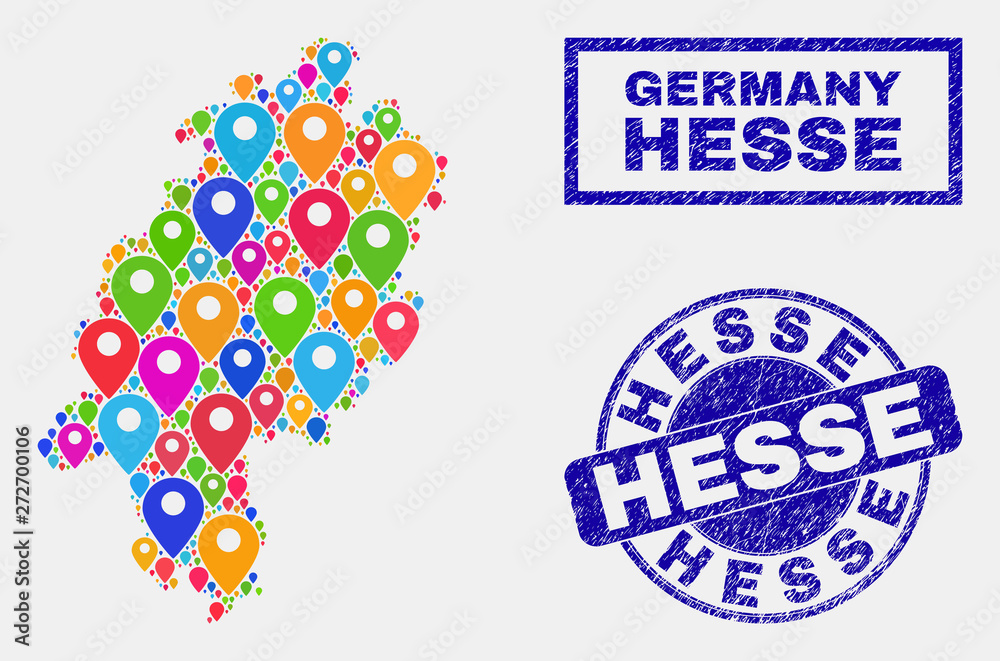Vector bright mosaic Hesse Land map and grunge seals. Abstract Hesse Land map is designed from randomized bright map locations. Seals are blue, with rectangle and rounded shapes. Vector bright mosaic Hesse Land map and grunge seals. Abstract Hesse Land map is designed from randomized bright map locations. Seals are blue, with rectangle and rounded shapes.