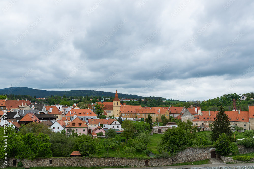 Landscape of the historic city of Cesky Krumlov with famous Cesky Krumlov Castle, Church city is on a UNESCO World Heritage Site
