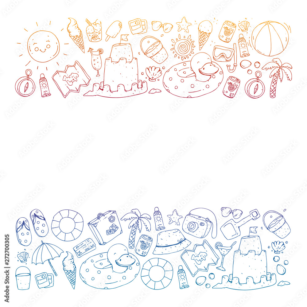 Vector seamless pattern with travel and beach icons.