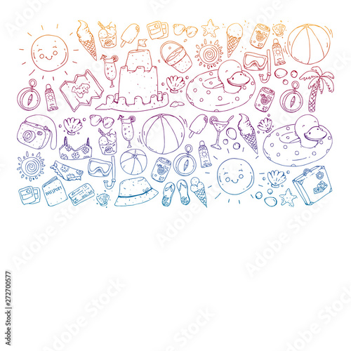 Vector seamless pattern with travel and beach icons.
