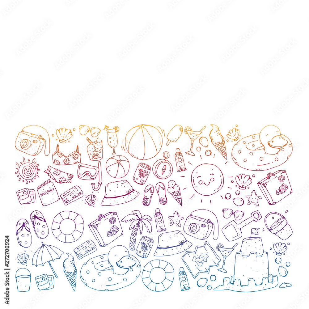 Vector seamless pattern with travel and beach icons.