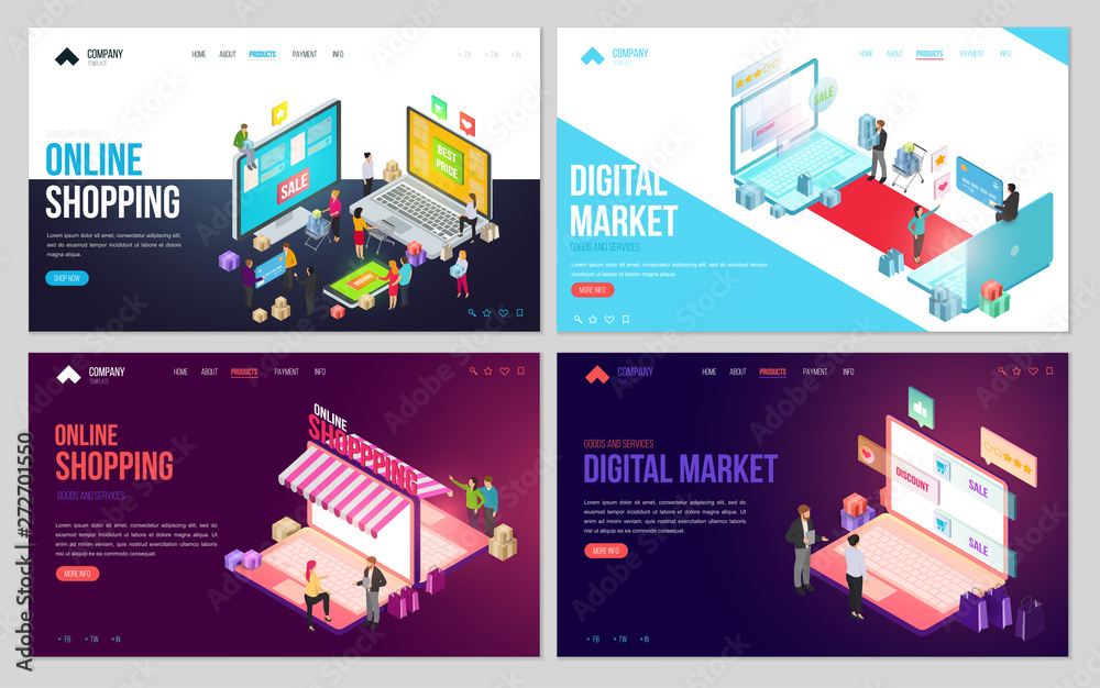 Set of design web site, landing page or presentation template. Minimal modern concept for online shopping, e-commerce market. Isometric vector illustration.