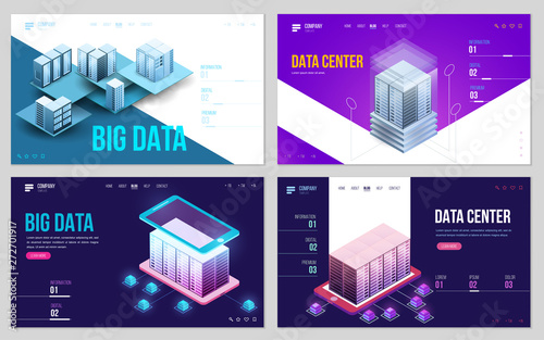 Set of design web site  landing page or presentation template. Minimal modern high technology concept for data center with server or hosting. Isometric vector illustration.