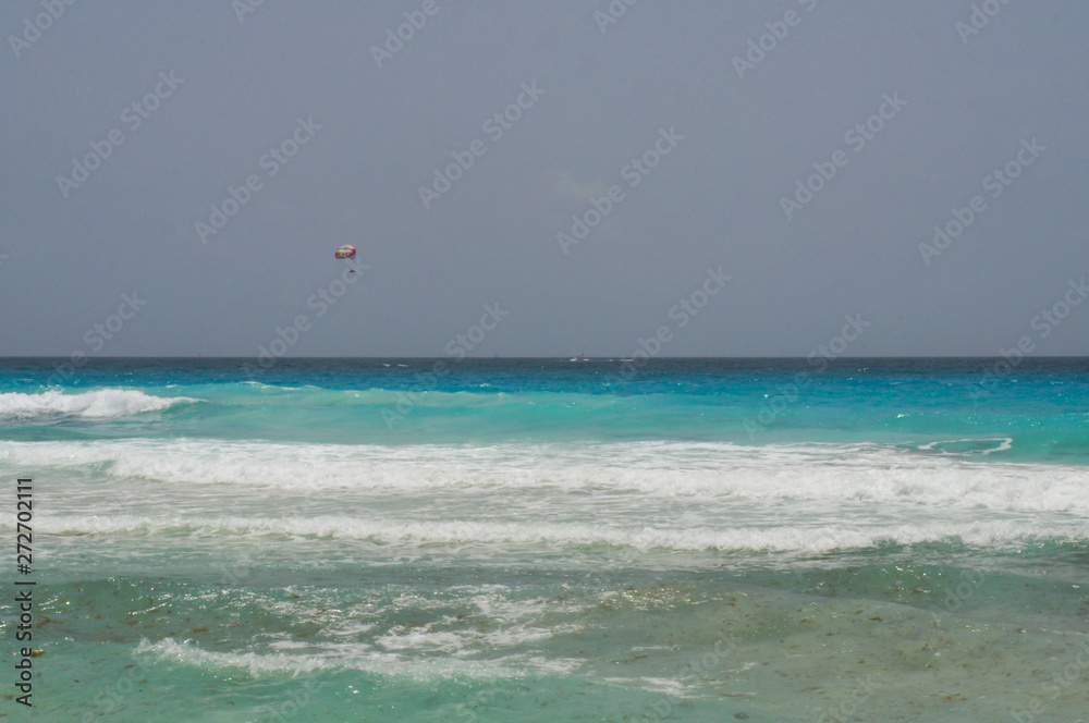  Marlin Beach in Cancun, Quintana Roo, Mexico. Blue caribbean sea.                              