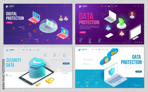 Minimal modern concept of data protection or digital online security. Set of design web site, landing page or presentation template. Isometric vector illustration.