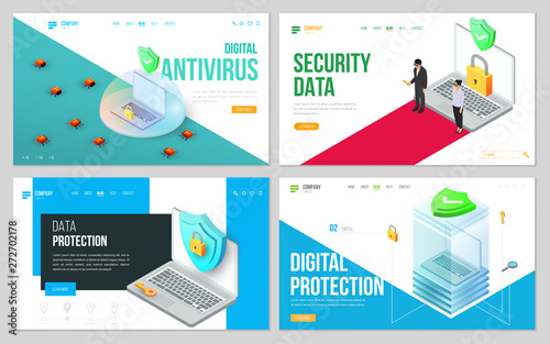 Minimal modern concept of data protection or digital online security. Set of design web site, landing page or presentation template. Isometric vector illustration.