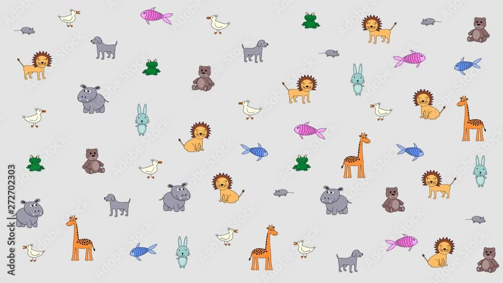 Animated colored animals, kid background. Substrate for titles, photos and other content. Design element