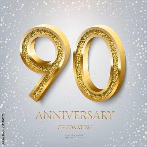 90th Anniversary Celebrating golden text and confetti on light blue background. Vector celebration 90 anniversary event template.