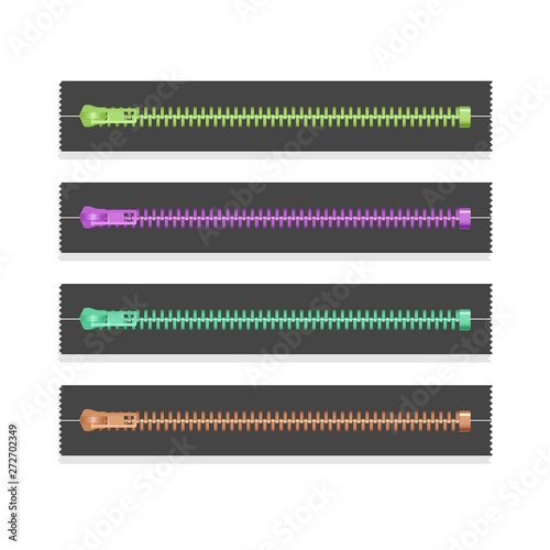 Realistic metallic zipper, closed zip pullers. Garment components zippered fabric accessories, vector clothing clasp of bright colors on white background