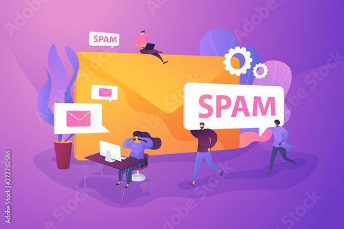 Spam, unsolicited messages, malware spreading concept. Vector isolated concept illustration with tiny people and floral elements. Hero image for website.