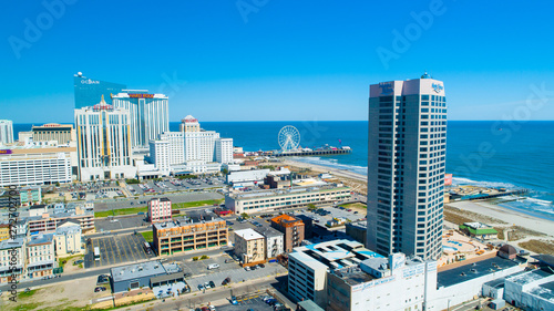 Fototapeta Naklejka Na Ścianę i Meble -  AERIAL VIEW OF ATLANTIC CITY BOARDWALK AND STEEL PIER. NEW JERSEY. USA.
