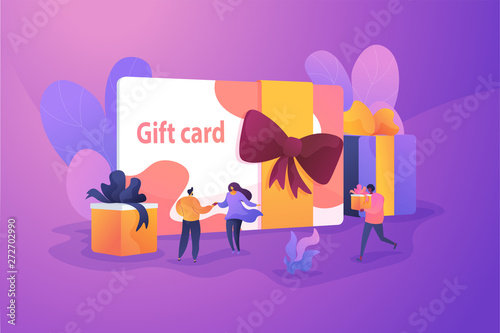 Gift card and promotion strategy, gift voucher, discount coupon and gift certificate concept. Vector isolated concept illustration with tiny people and floral elements. Hero image for website.