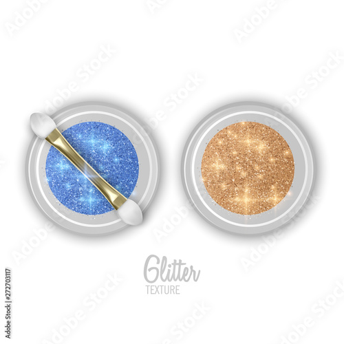 Glitter jar. Realistic object with sparkles, top view. Set of Glitter jars of golden and blue colors with realistic brush for makeup, Vector eps 10 illustration