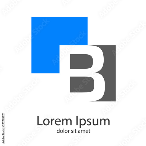 Logotipo abstracto con letra B en espacio negativo en cuadrados en azul y gris