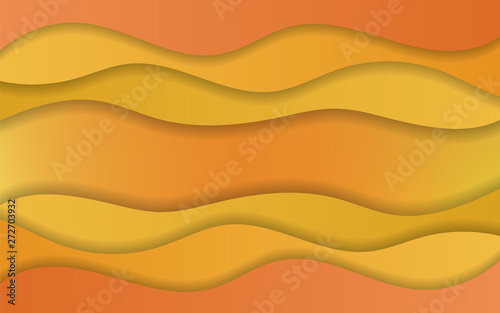 Bright sunny orange and yellow gradient background with abstract wavy 3d paper cut elements. Magic warm summer vibrant wallpaper with empty space in centre for cover design, header, banner