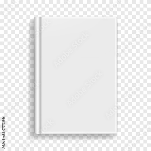 White blank rectangular vector blank realistic book, closed organizer or photobook cover template with sheet of A4. Front view of binding hardcover notepad or diary mockup for catalog, menu