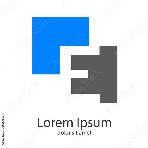 Logotipo abstracto con letra E en espacio negativo en cuadrados en azul y gris