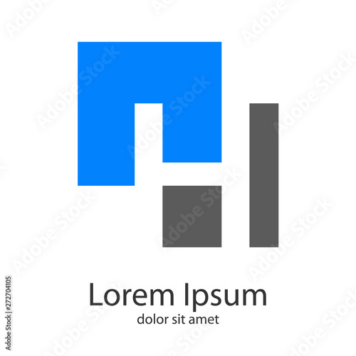 Logotipo abstracto con letra H en espacio negativo en cuadrados en azul y gris