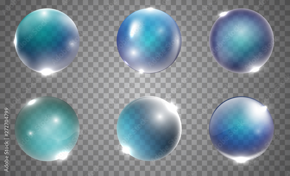 Set of realistic blue 3d glass ball or sphere isolated on transparent background. Vector illustration.