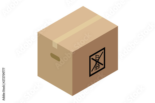 ケアマーク　カッター注意のマークのロゴのダンボール｜荷造りされた段ボールのイラスト｜アイソメトリック