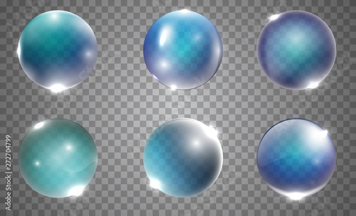Set of realistic blue 3d glass ball or sphere isolated on transparent background. Vector illustration.