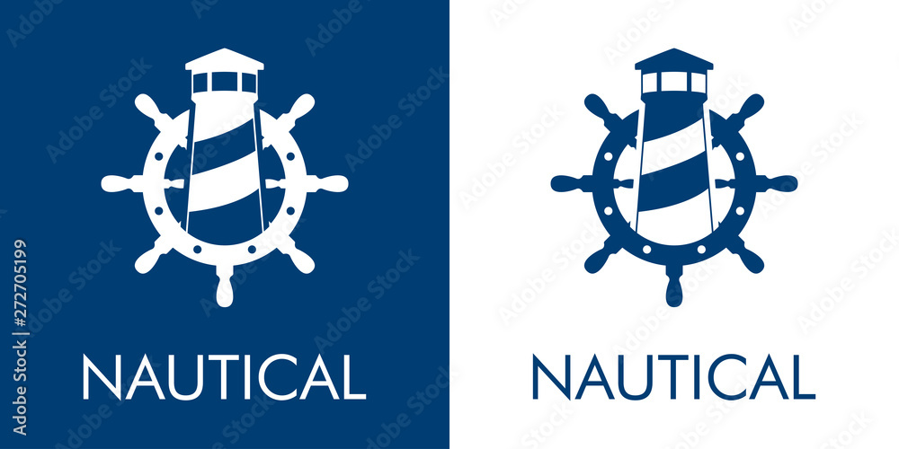 Logotipo abstracto con texto NAUTICAL con faro en timón en azul y blanco