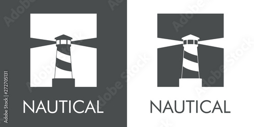 Logotipo abstracto con texto NAUTICAL con faro en cuadrado en espacio negativo en gris y blanco