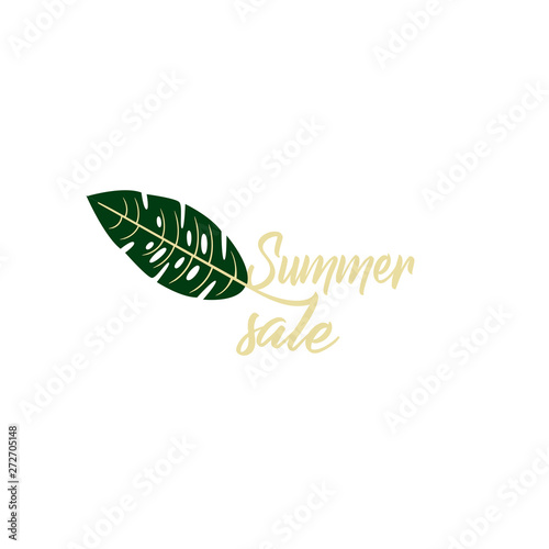 Flat design vector logo - summer discount. Web icon tropical leaf monstera closeup isolated. Stylish logo layout for online store. Shopping day