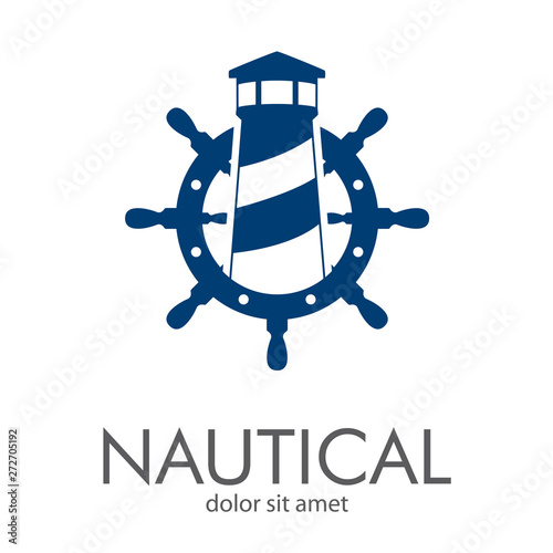 Logotipo abstracto con texto NAUTICAL con faro en timón en color azul