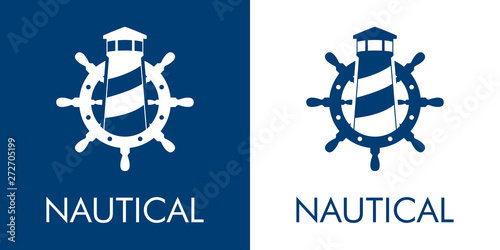 Logotipo abstracto con texto NAUTICAL con faro en timón en azul y blanco