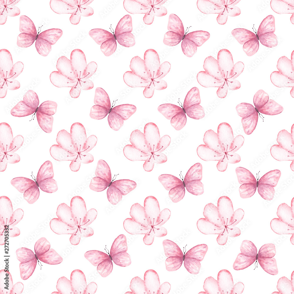 Flowers and butterflies seamless raster pattern