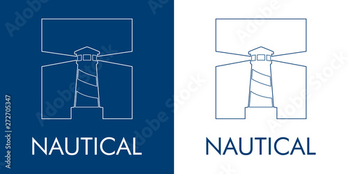 Logotipo abstracto con texto NAUTICAL con faro lineal en cuadrado en espacio negativo en azul y blanco