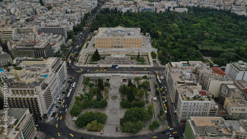 Aerial photo of famous landmark building of Greek parliament in the heart of Athens, Syntagma square, Attica, Greece