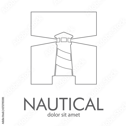 Logotipo abstracto con texto NAUTICAL con faro lineal en cuadrado en espacio negativo en color gris
