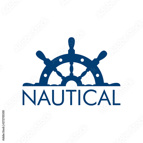 Logotipo abstracto con texto NAUTICAL con medio timón arriba en color azul