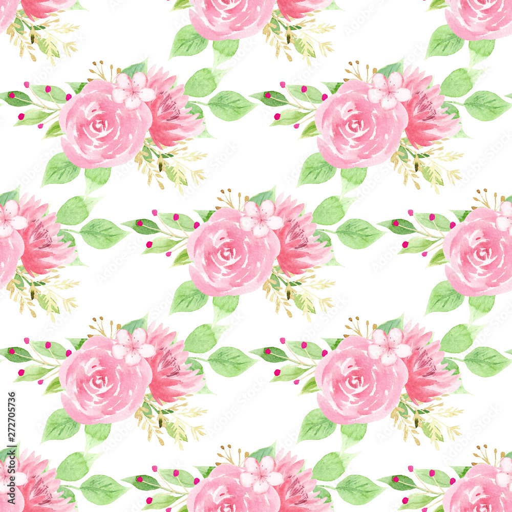 Rose, lotus and sakura raster seamless pattern