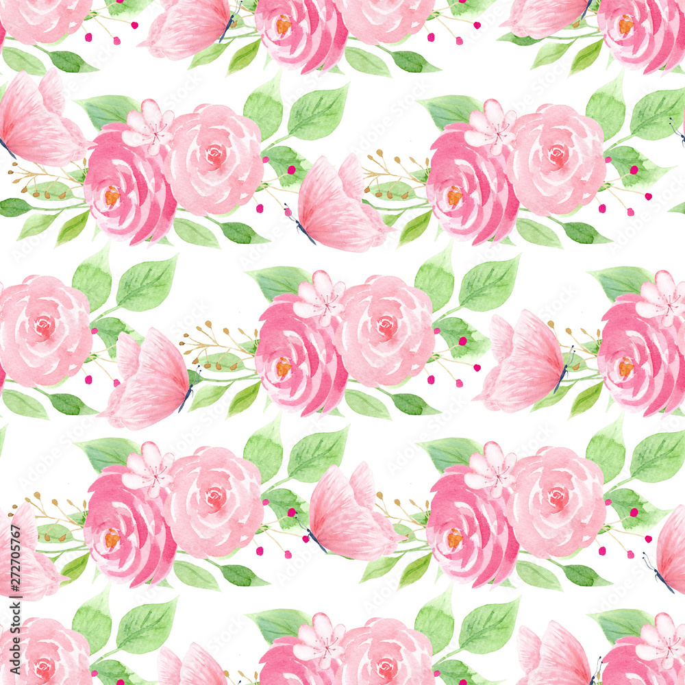 Butterflies and roses watercolor seamless pattern