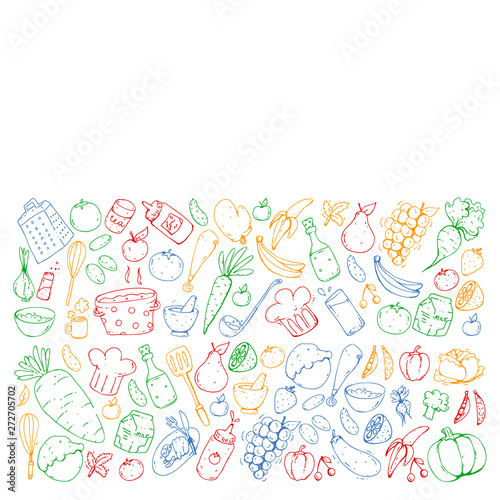 Healthy food and cooking. Fruits, vegetables, household. Doodle vector set. © helen_f