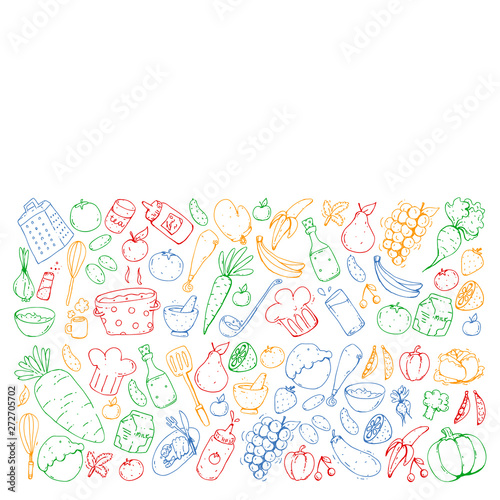 Healthy food and cooking. Fruits, vegetables, household. Doodle vector set.
