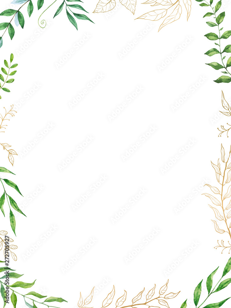 Watercolor herbal mix vector frame. Hand painted plants, branches and leaves on white background.