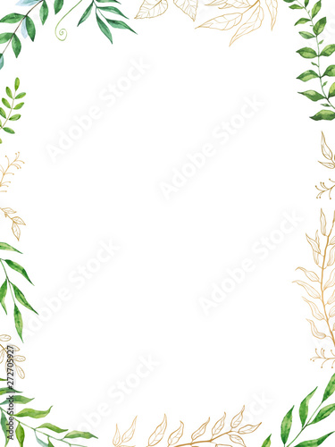 Watercolor herbal mix vector frame. Hand painted plants, branches and leaves on white background.