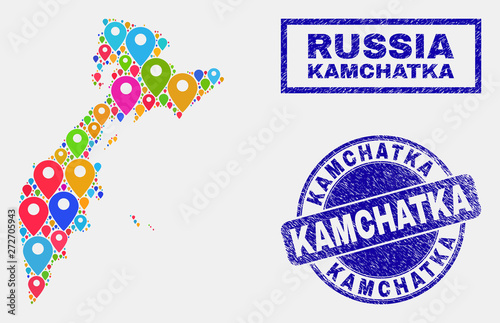 Vector colorful mosaic Kamchatka map and grunge seals. Flat Kamchatka map is designed from randomized colorful map locations. Seals are blue, with rectangle and rounded shapes.