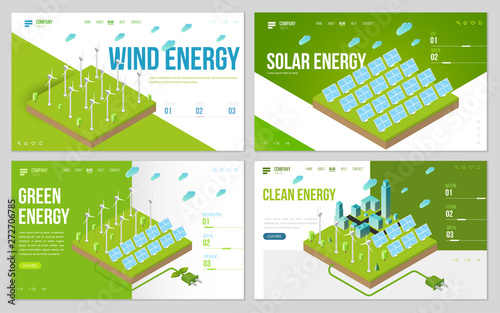 Minimal modern concept of alternative ecology energy source. Set of design web site, landing page or presentation template. Isometric vector illustration.