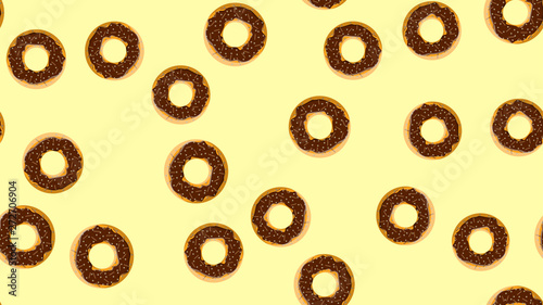 Seamless pattern, texture from round sweet tasty nourishing hot fresh donuts, pastries, sugar-coated cookies in brown chocolate confectionery glaze on a yellow background. Vector illustration