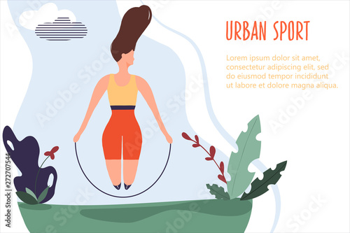 Woman skipping with a jump rope in nature. Vector banner in flat linear style