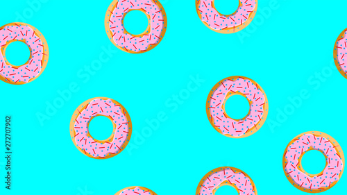 Seamless pattern, texture from round sweet flour tasty donuts to nourishing hot fresh, baking, sugar-coated cookies in a pink caramel candy store on a blue background. Vector illustration