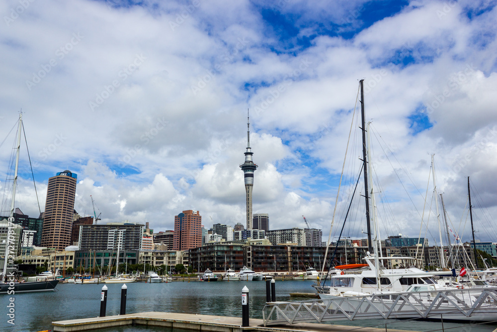Auckland Harbor and Sky tower with diffrents boats, the landmark in NZ, Auckland , New Zealand